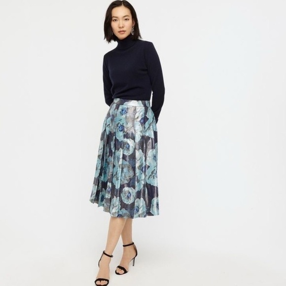 J. Crew Dresses & Skirts - J. Crew Silk Pleated Midi Skirt Metallic Floral Jacquard Women’s 2 Blue Mermaid